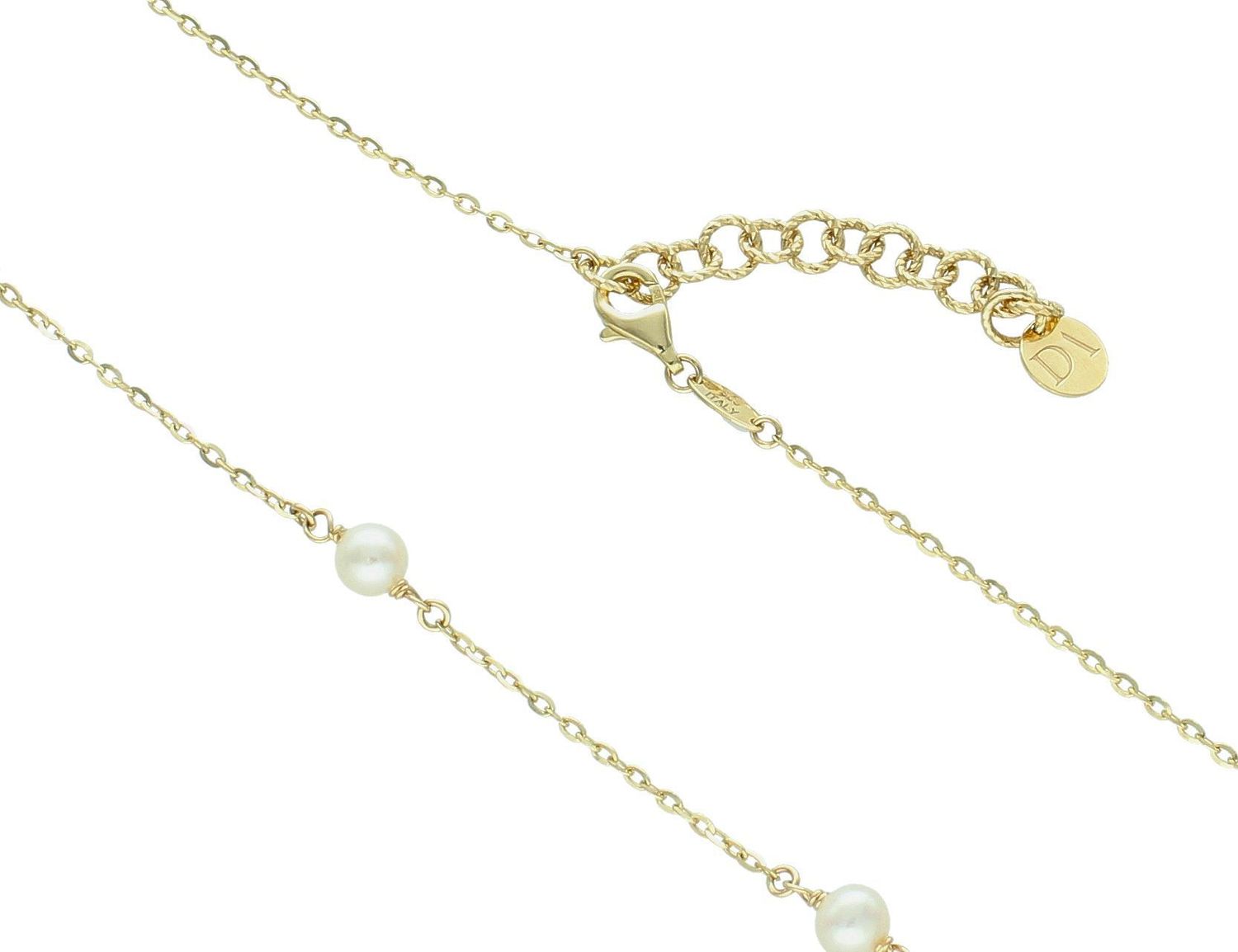 Naszyjnik złoty z perełkami pr 585, D0GM10805 N Złoty naszyjnik 585 celebrytka z pięcioma małymi perełkami. Niezwykły blask szlachetnego kruszcu zamknięty w wyjątkowej formie.1.jpg